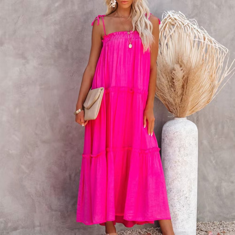 Bright Pink Tie Strap Tiered Ruffle Elastic Neckline